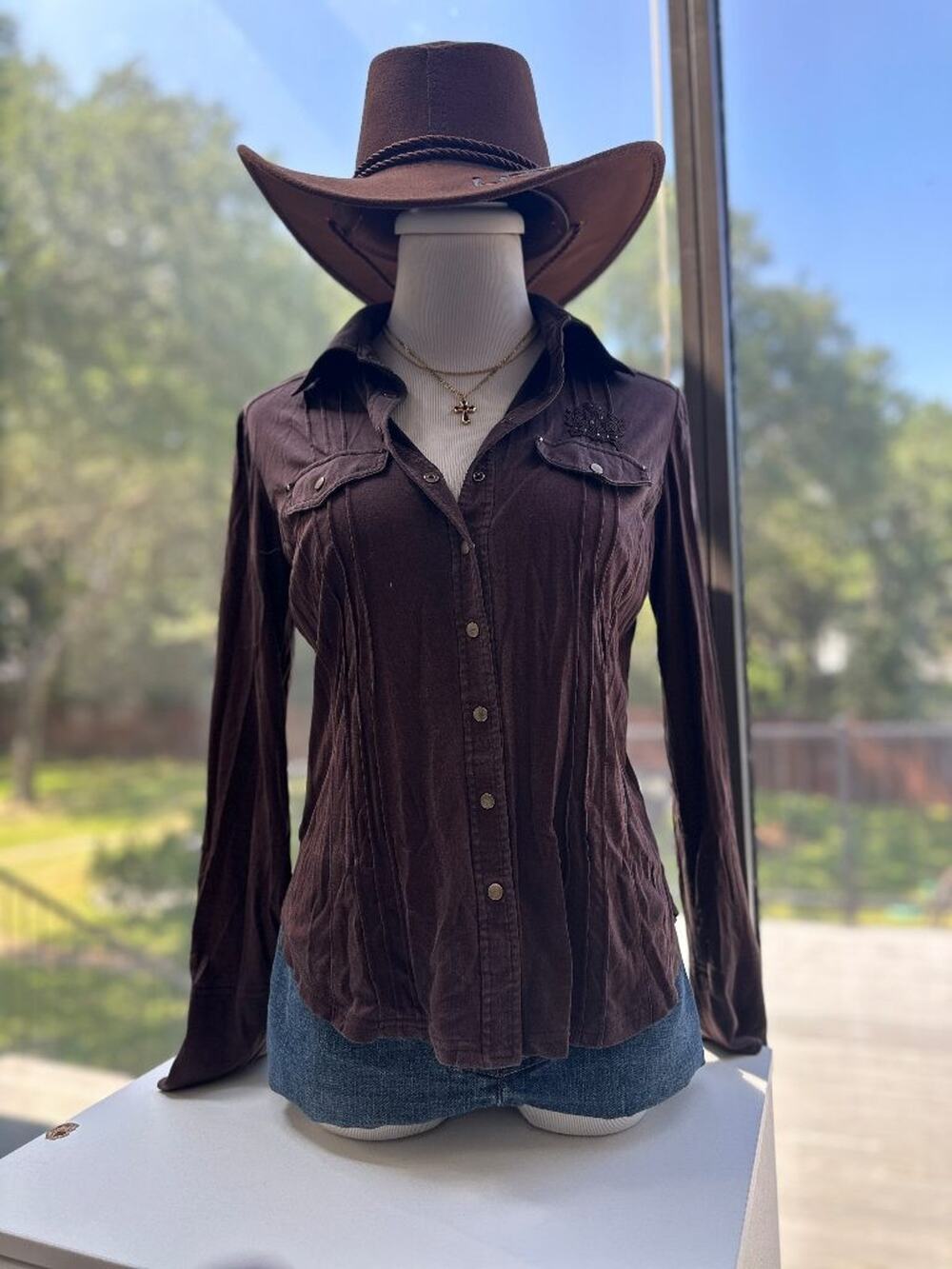 Leilian Original Brown Western Snap Button Shirt Crest Rhinestone Japan Size 11